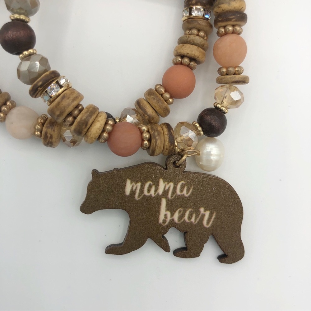 2/$10 Mama Bear Boho Wood Crystal Bead Bracelet - Picture 2 of 3